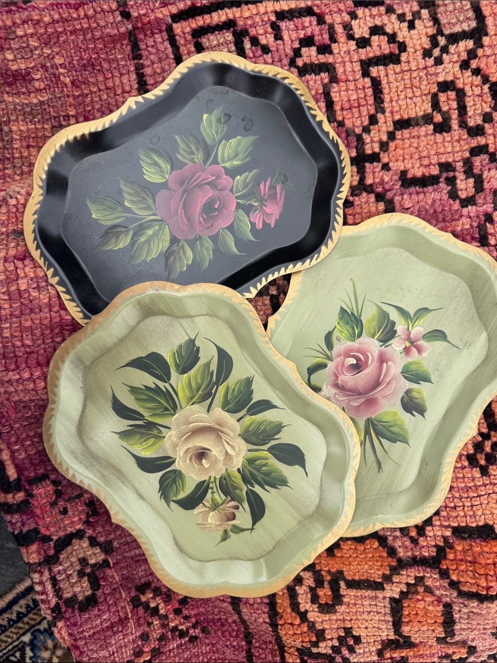 Hand-Painted Floral Decorative Trays in Black and Green - Vintage Style